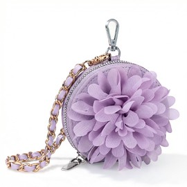 Small PU Leather Round Coin Purse with Flower Design for Women Change Purse for Girls Zipper Coin Pouch Wallet with Key Chain & Wristlet