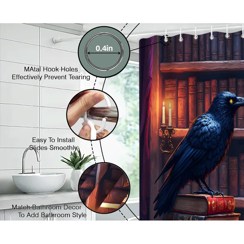 ZKJSMGS Gothic Halloween Shower Curtain,Crow Skull Bookshelf Library Spooky Witchy
