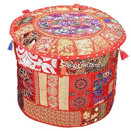Stylo Culture Pouf Seat Children's Vintage Pouf Ottoman Cover Large Red Indian Embroidered Patchwork Cotton Traditional Round Fabric Ottoman Pouf Cover (22 x 22 x 13 Inches) 55 cm