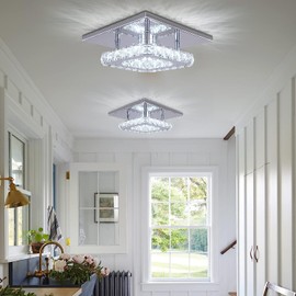 Cainjiazh Dimmable Modern Crystal Chandeliers LED Mini Ceiling Light with Remote Flush Mount Small Chandelier for Hallway Foyer Kitchen,Stair,Closet,3 Colors Adjustable, Memory Function