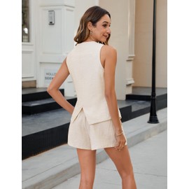 BMJL Womens Summer Outfits 2 Piece Vacation Short Sets Linen Button Down Matching Sets Vest and Shorts Sets(L,Beige)