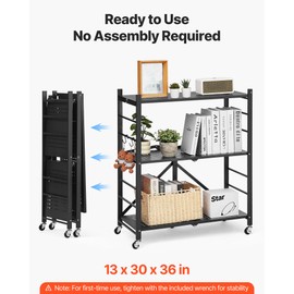 VEVOR 3-Tier Foldable Storage Shelf, 30W x 13D x 36H Inch Folding Metal Rack Shelving Unit, Heavy Duty No Assembly Organizer Shelf with 5 Wheels & 4 Hooks for Pantry, Kitchen, Garage, Basement, Black