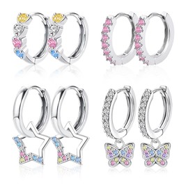 Sterling Silver Earrings for Girls Women, 4 Pairs ASH'S CHOICE 925 Sterling Silver Small Pink Heart Hoop Sleeper Cartilage Huggie Hoop Earring With Zircon Colorful Cute Star Butterfly Drop Earrings
