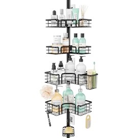 SWTYMIKI Shower Caddy Tension Pole - 4-Tier Corner Shower Organizer Tension Rod with Soap Holder, Toothbrush Holder & 4 Hooks, Adjustable Stainless Steel Bathroom Organizer 27.6 to 108.3 inch, Black