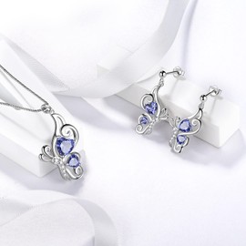 Blue Butterfly Heart Jewellery Sets Women 925 Sterling Silver Animal Butterflies December Created Tanzanite Birthstone Tanzanite Necklace/Earring Set Crystal Wedding Birthday Jewelry DS0099D