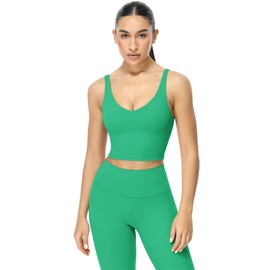 icyzone Women's Longline Sports Bra Padded V-Neck Fitness Yoga Crop Top U Back Gym Bra, Deep mint