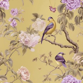 VEELIKE Vintage Chinoiserie Peel and Stick Wallpaper Yellow Floral Bird Wallpaper for Bedroom Bathroom 17.7''x118'' Removable Self Adhesive Floral Wall Paper Yellow Contact Paper for Cabinets Drawers