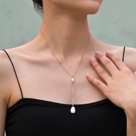 Xduargs Boho Pearl Y Lariat Necklace Gold Baroque Pearl Pendent Necklace Vintage Pearl Bead Choker Necklace Adjustable Pearl Y Chain Necklace Jewelry for Women