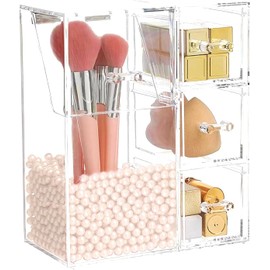 ShellKingdom Soporte para Brochas de Maquillaje, Organizador Transparente de Brochas de Cosméticos con Cajón para Almacenar Brochas con Tapa y Perla para Tocadores y Vanidades