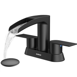 Bathroom Sink Faucet for 3 Hole, Hurran 4 Inch Bathroom Faucets with Pop-up Drain, Stainless Steel 2-Handle Waterfall Faucet for Bathroom Sink, Matte Black