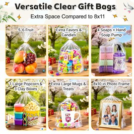 PigPotParty 12"x 16", 50Pcs Bottom Gusset Bags, Clear Plastic Cellophane Gift Mug Treat Goodie Bags with 50x Twist Ties, Large Party Favor Packaging, Toy Wrapping (No Side Gusset)