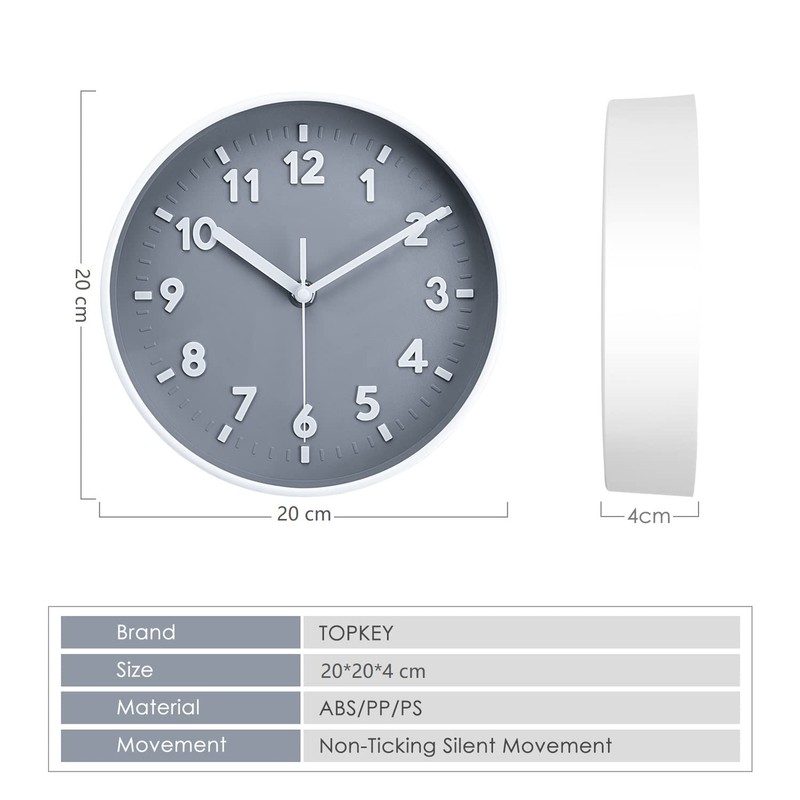 Topkey 8 Inch Round Quiet Wall Clock Easy Read Big