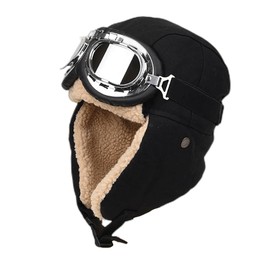 Aviator Hat Pilot Goggles Fur Ear Flaps Bomber Trooper Trapper Pilot Cap for Men Women Black