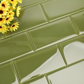 Diflart Olive Green Glass Subway Tile, 3x6 Inch, 4 Sq.Ft, Glass Backsplash Tile for Kitchen Shower Bathroom Wall, Pack-32 Pcs