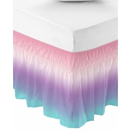 Coloredd Rainbow Bed Skirt Queen Size 16 Inch Drop, Adjustable & Elastic Wrap Around Bed Skirts Pleated Luxury Dust Ruffles for Twin Full Queen Cal King Base Bed, Ombre Purple Pink Teal Color Art