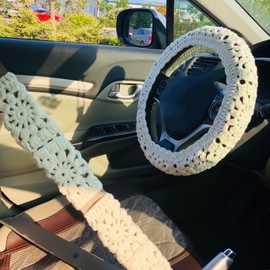 OnEternal - Funda para volante de ganchillo hecha a mano, color blanco, para cinturón de seguridad, accesorios para interiores de coche. (Funda para volante + 2 fundas para cinturón de seguridad)