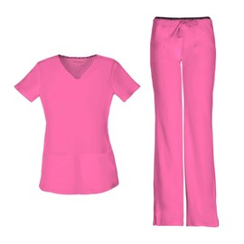 Break on Through Women Scrubs Set Shaped V-Neck Top 20710 & Drawstring Pant 20110 (Pink Party S/XS)