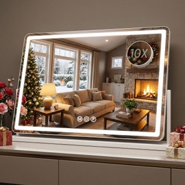 Vanity Mirror with Lights, 33"X23" Lighted Makeup Mirror, Smart Touch, 3 Color Modes and Brightness Adjustable, LED Vanity Mirror with Detachable 10X Magnification, 360° Rotation for Makeup Desk