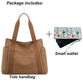 JIANLINST Women's Canvas Tote Handbags Multi-pocket Retro Casual Shoulder Bag Top Handle Satchel Tote Purse Brown