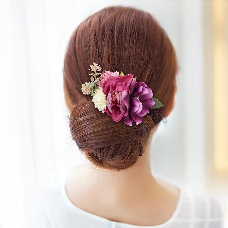 4 Pack Artificial Flower Metal Hair Side Combs Slide Clips