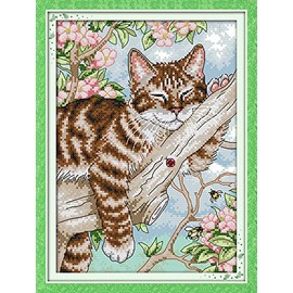 Stitchmelody 14CT Counted Cross Stitch Kits,DMC Unprinted Pattern Embroidery Set Needlework-A Lazy Cat on The Tree 8.6''×7.5''