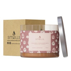 Smells - Odor Eliminator - Premium Soy Wax Jar Scented Candle 12oz. and 16oz. - 100% Cotton Single Wick and 3-Wick - Fraganced Candles (Caramel Cinnamon Bun, 3-Wick 16oz (1-Pack))