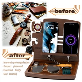 Wood Phone Docking Station Nightstand Organizer for Men - Home Accessories for Men and Woman - Great Gifts (Brown, Small)