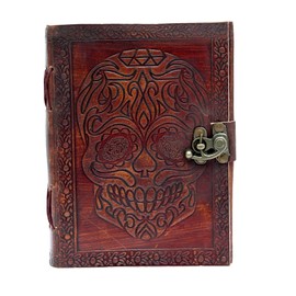 Skull Embossed Leather Journal - Blank Spell Book of Shadows, Antique Deckle Paper Diary | Gift for Men and Women - Prayer Pagan, Witchcraft Supplies, Wiccan Decor Notebook & Sketchbook