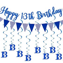 Elicola Happy 13th Birthday Banners Blue Happy 13th Birthday Banner Bunting Including 8 PCS Swirl Hanging for Teen Boys Happy 13th Birthday Decorations Supplies