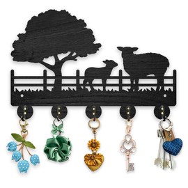 MAYJOYDIY Wooden Farm Sheep Tree Coat Rack 11.8×7.2inch Farmhouse Animal Meadow Key Holder for Wall Decorative Key Hanger with 5 Alloy Hooks for Gift Entryway Bedroom Living Room Office