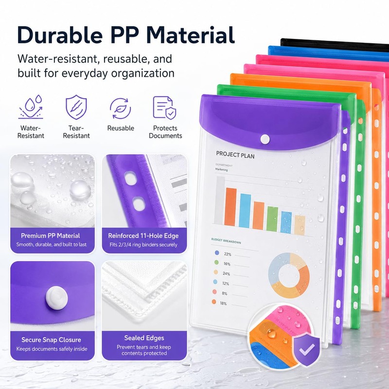11 Hole Expanding File Pockets, Horizontal & Vertical Plastic Envelopes,