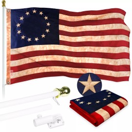 G128 6 Ft Flagpole White & Betsy Ross Tea Stained Flag 3x5 Ft Embroidered 420D Poly