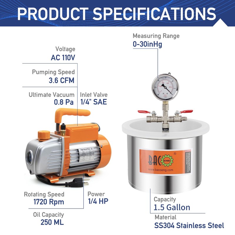 BACOENG 1 1/2 Gallon 3.6 CFM Vacuum Chamber with Pump,