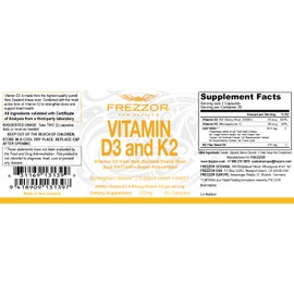 FREZZOR Vitamin D3 and K2 Caps, High Potency D3 2000IU and K2 (MK7) 80mcg, Unique Vit D3 from 100% New Zealand sheep's wool lanolin. Cardiovascular Support & Bone Health, 60 Softgels 1 Month Supply
