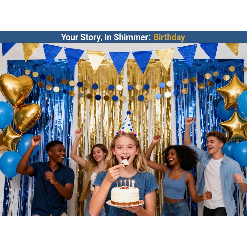 Parxara 4-Pack Blue Gold Foil Fringe Curtain,Party Decoration Streamer