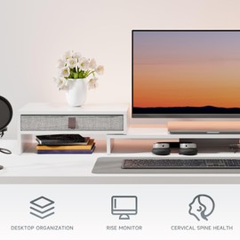 Fenge Monitor Stand, Dual Monitor Riser with Drawer, 2 Shelf Computer Desk Riser with Adjustable Length and Angle, Monitor Stands for Desk, Desktop Organizer PC, Computer, Laptop (White)