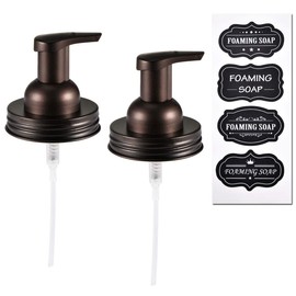 Amolliar Mason Jar Foaming Soap Dispenser Lids, Plastic Pump Rustproof Stainless Steel Lid, Refillable Hand Soap, Kitchen Rustic Farmhouse Decor, Bathroom Accessories, Waterproof Labels, Bronze 2 Pack