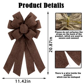 chmacura Brown Burlap Wreath Bow 20 x 11 Inches Easter Bows Brown Burlap Ribbon Bow Carnival Farmhouse Bow Tree Ornament for Home Front Door Decorations