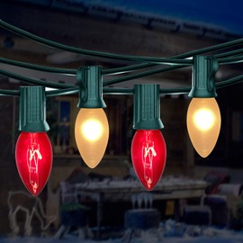 C9 Christmas Red& White String Lights with 26 Red & White Incandescent Bulbs, Outdoor Multicolored Christmas Lights Waterproof for Party Garden Wedding Bistro Roofline Decor-Red/White