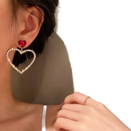 Aneneiceera Boho Love Crystal Hoop Drop Earrings Red Ruby Heart Stud Rhinestones Cluster Hollow Heart Dangle Earrings Gold Sparkly Exaggerated Bridal Prom Earrings Jewelry for Women Girls