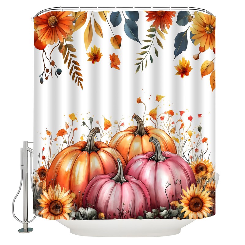 CWHCWA Fall Shower Curtain Watercolor Pumpkin, Pink Orange, 70" W