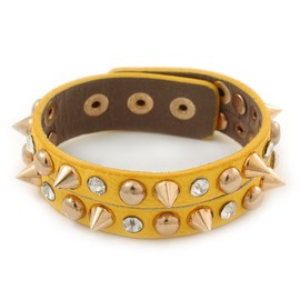 Avalaya Crystal Studded Yellow Faux Leather Strap Bracelet in Gold Tone - Adjustable up to 22cm