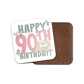 Square Single Coaster - 90th 90 Ninety Happy Birthday Floral Flowers Women Girls Gift #77793