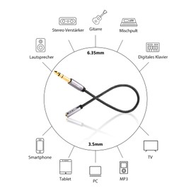 DuKabel 3.5 mm to 6.35 mm Jack Plug Adapter 1/8 Inch TRS to 1/4 Inch TRS Jack Cable 6.35 mm Male to 3.5 mm Female Stereo Audio Aux Adapter for Headphones and Speakers - Top Series 30 cm