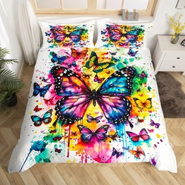 Watercolor Butterflies Duvet Cover Queen Size,Rainbow Color Tie Dye Graffiti Polyetser Reversible Bedding Set (Not Comforter),Butterfly Animal Ink Painting Comforter Cover for Bedroom, Zipper, Ties
