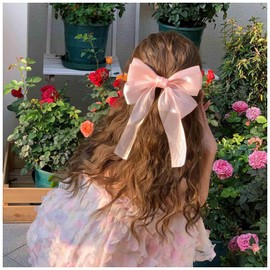Xduargs Vintage Silky Bow Hair Clips Long Silk Satin Bow Hairclips Barrettes French Chiffon Hair Clip Barrette Large Silky Bow Hair Clips Long Silk Ribbon Bow Hair Clips Headpiece for Women(Pink)