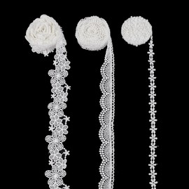 letsinstyle 15 Yards White Embroidery Lace Trim, Stretch Elastic Sewing Lace Ribbon, Floral Design Fabric for Garment Sewing, DIY Craft, Bridal Wedding Decor, DIY Arts and Craft (3 styles)