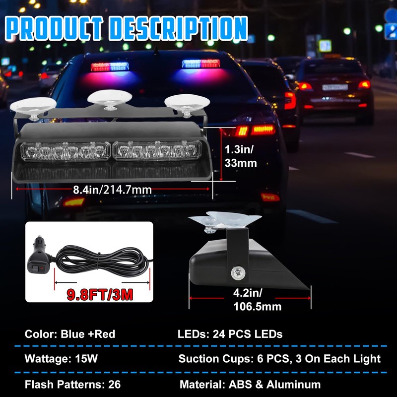 Afurkuot Red & Blue LED Windshield Dash Strobe Lights, 26