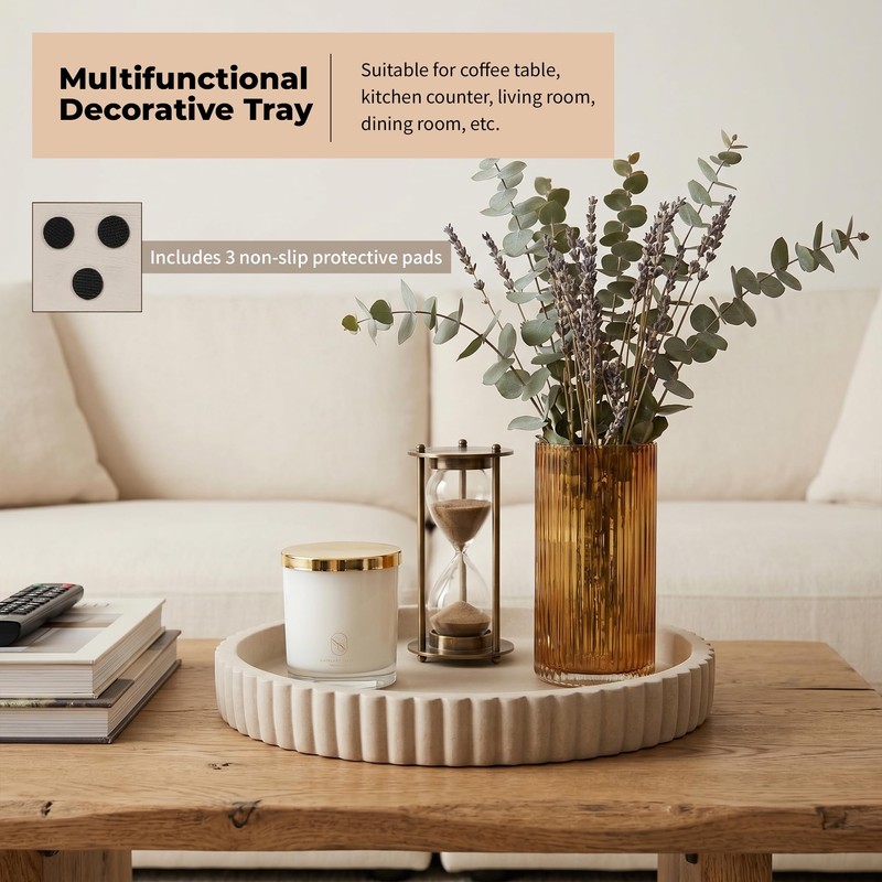 11" Concrete Coffee Table Tray, Cream Round Decorative Tray for