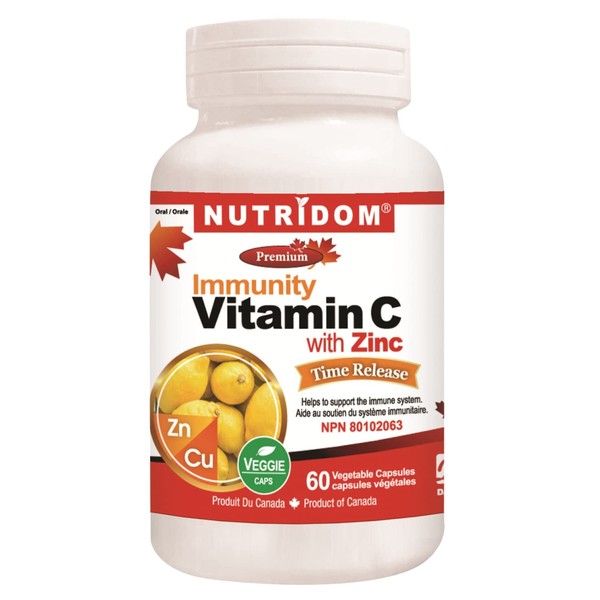 Nutridom Timed-Release Vitamin C (850 mg) with Zinc Bisglycinate (15 mg) and Copper Bisglycinate (1000 mcg) | Non-GMO, Free of Gluten, Soy & Dairy (60 Vegetable Capsules)